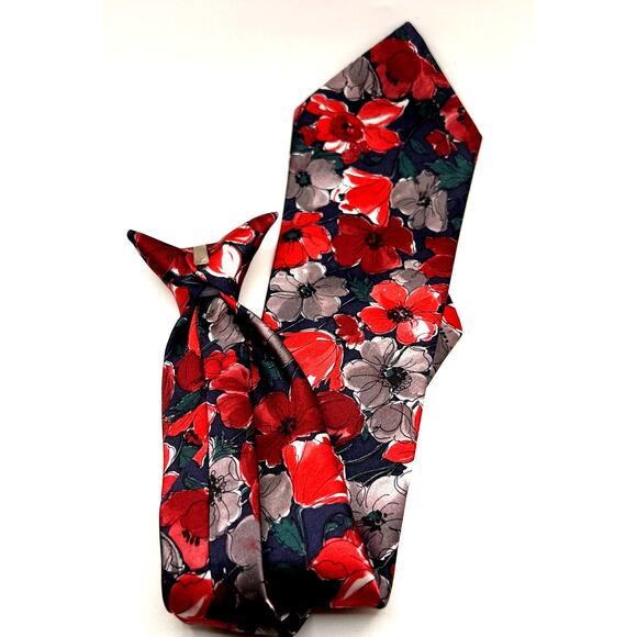Ketch Metal Clip-on Necktie- 17.5" Long x 3.5" Wide Red Blue Floral Print Tie - Picture 5 of 6